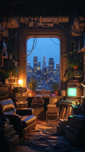 Cyberpunk loft overlooking a twilight city skyline